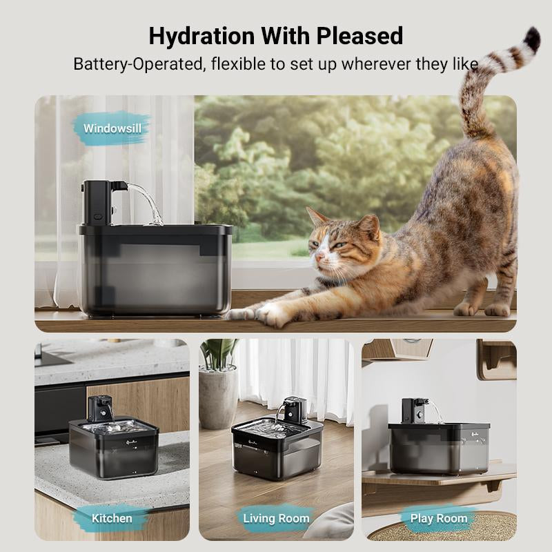 Downypaws Battery Operated Cat Water Fountain, 84Oz/2.5L, Wireless Pet Water Fountain for Cats, Small Dog, Automatic Pet Waterer Fountain, Ultra Quiet Pump, Bpa-Free, Christmas Gift Stainless Steel