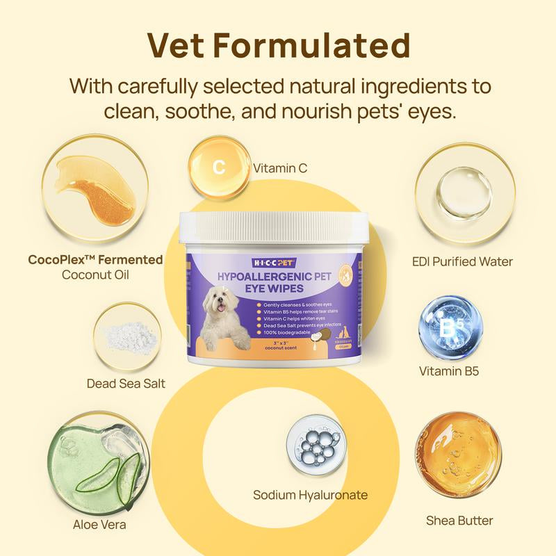 【Falldealsforyou】Hicc PET Eye Wipes for Dogs & Cats, Hypoallergenic Dog Eye Wipes Cleaner, Natural Cleaning Grooming Pet Wipes Gently Remove Tear Stain, Eye Debris, Discharge, Mucus, Non-Irritating, Unscent, 100 PCS Large Pet Grooming Eye#Petlife